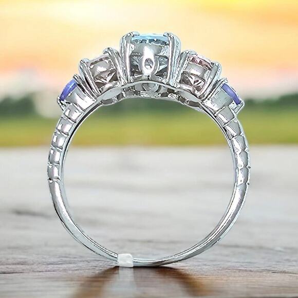 2.25ct Natural Aquamarine Morganite Tanzanite Ring 925 Sterling Silver Size 6 - Picture 8 of 8